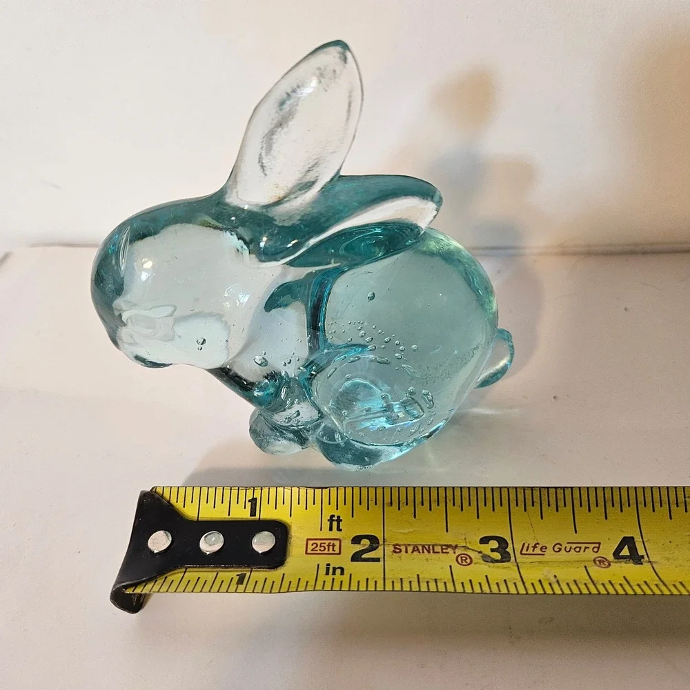 Vintage Murano Style Art Glass Bunny Rabbit Bullicante Clear Aqua Figurine MCM
